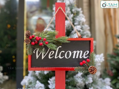 Bảng treo cửa giáng sinh Welcome viền Đỏ [Bằng gỗ] BANGTREO-NOEL-01